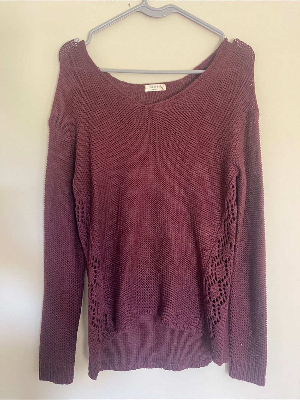 Harper Plum Openwork Side-Panel Crewneck Sweater